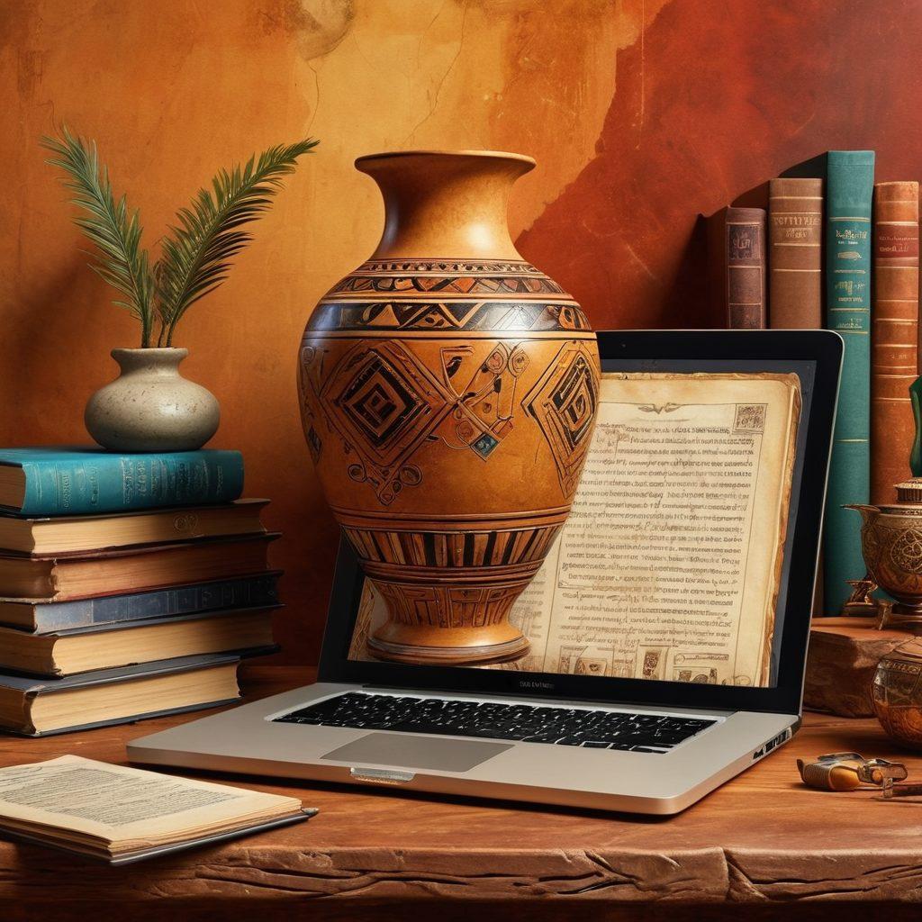 An artistic representation of a vintage artifact, like an ancient vase, surrounded by modern digital elements like a laptop and an open blog page. Include vibrant cultural symbols emerging from the artifact, showcasing a blend of history and technology. The backdrop should feature a warm-toned library setting filled with books and art pieces. super-realistic. vibrant colors. warm tones.
